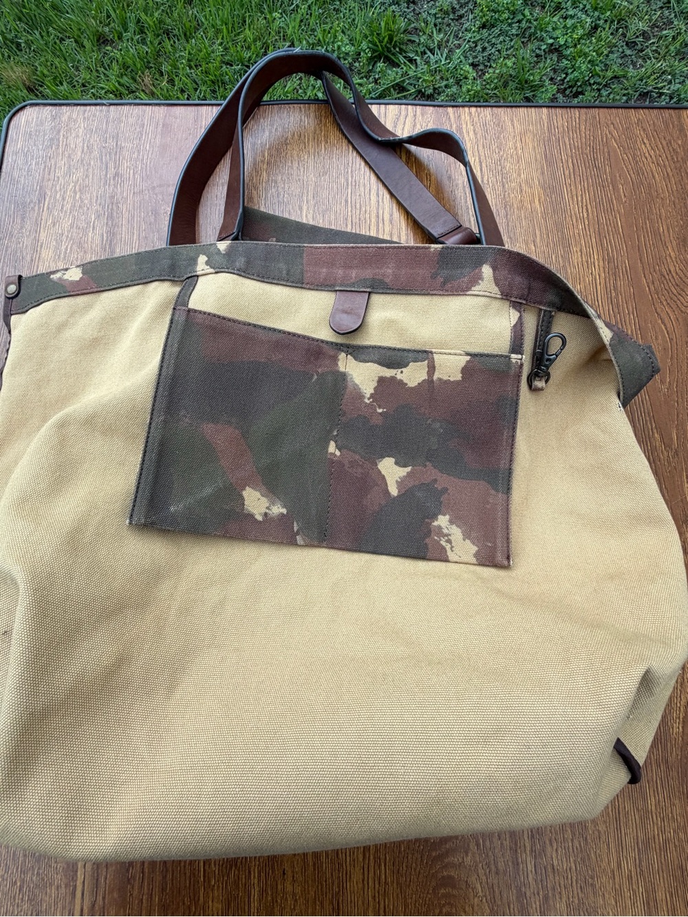 Frye Camo Canvas Leather Tote Bag Large Shoulder Shopper Brown Green - Picture 11 of 16